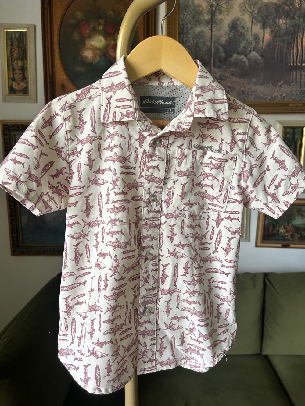 Kids Eddie Bauer Short Sleeve Fish Print Shirt - White & Maroon